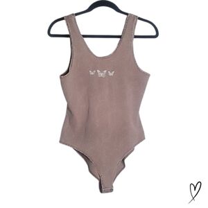 Urban Nation Distressed Brown bodysuit butterfly embroidered Size Large